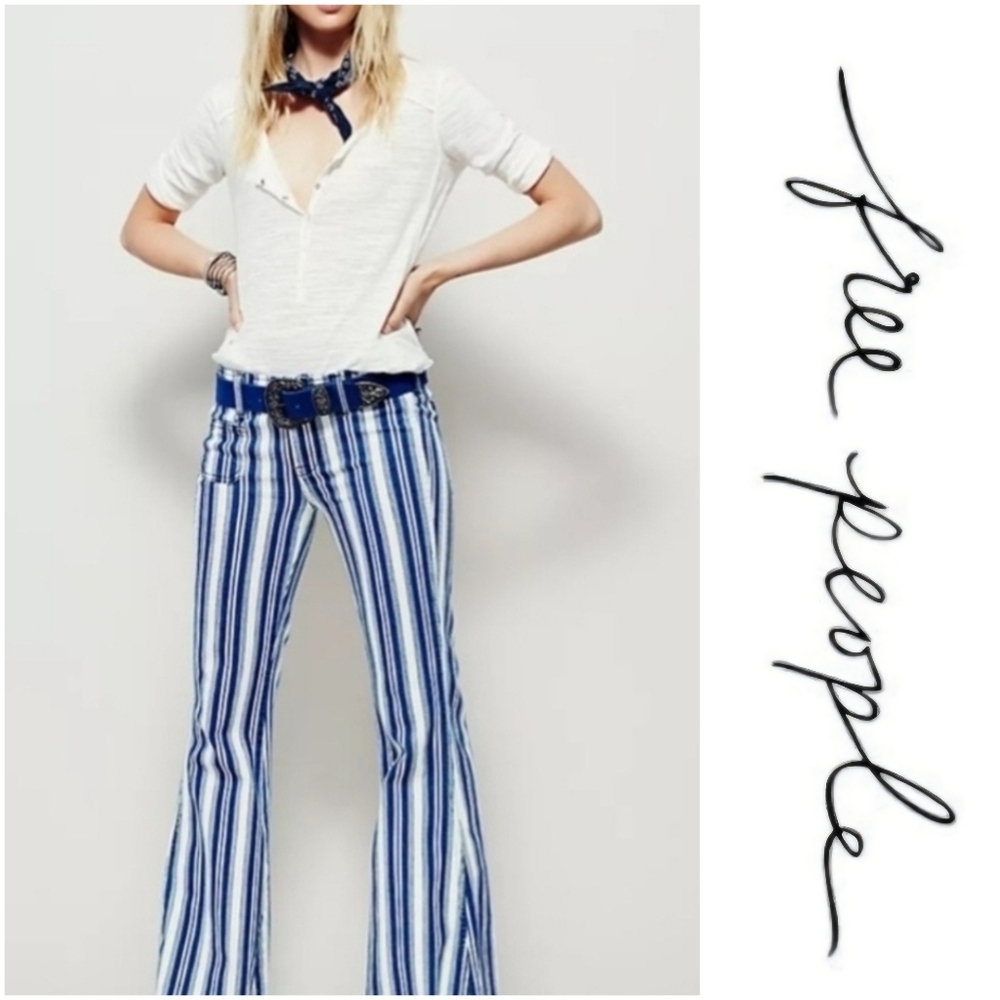 NEW Free People Jolene Mid-Rise Flare Striped Jeans Sz 27